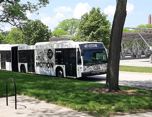 An "Art in Motion" shuttle bus used during the East Lansing Arts Festival