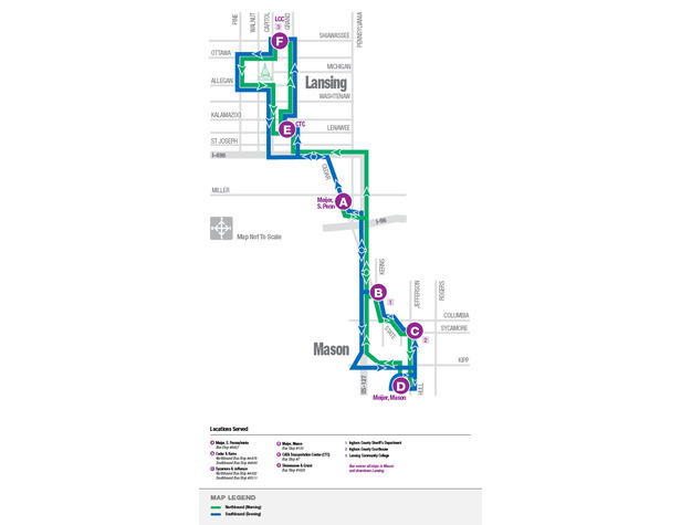 Map of the Mason Limited Route, going from the Meijer in Mason to locations like the Meijer on S. Pennsylvania, Cedar & Kern, Sycamore & Jefferson, the CATA Transportation Center, Shiawassee & Grand, Ingham County Sheriff's Department, Ingham County Courthouse and Lansing Community College