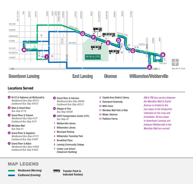 Williamston/Webberville Connector map, servicing areas between Williamston and Webberville to stops including the Meridian Mall, MSU Campus, Downtown Lansing and The CATA Transportation Center