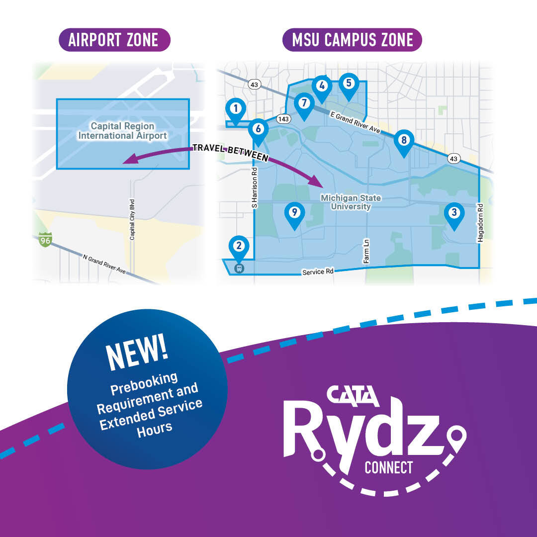 CATA Rydz Connect map between 9 campus locations and the Capital Region International Airport