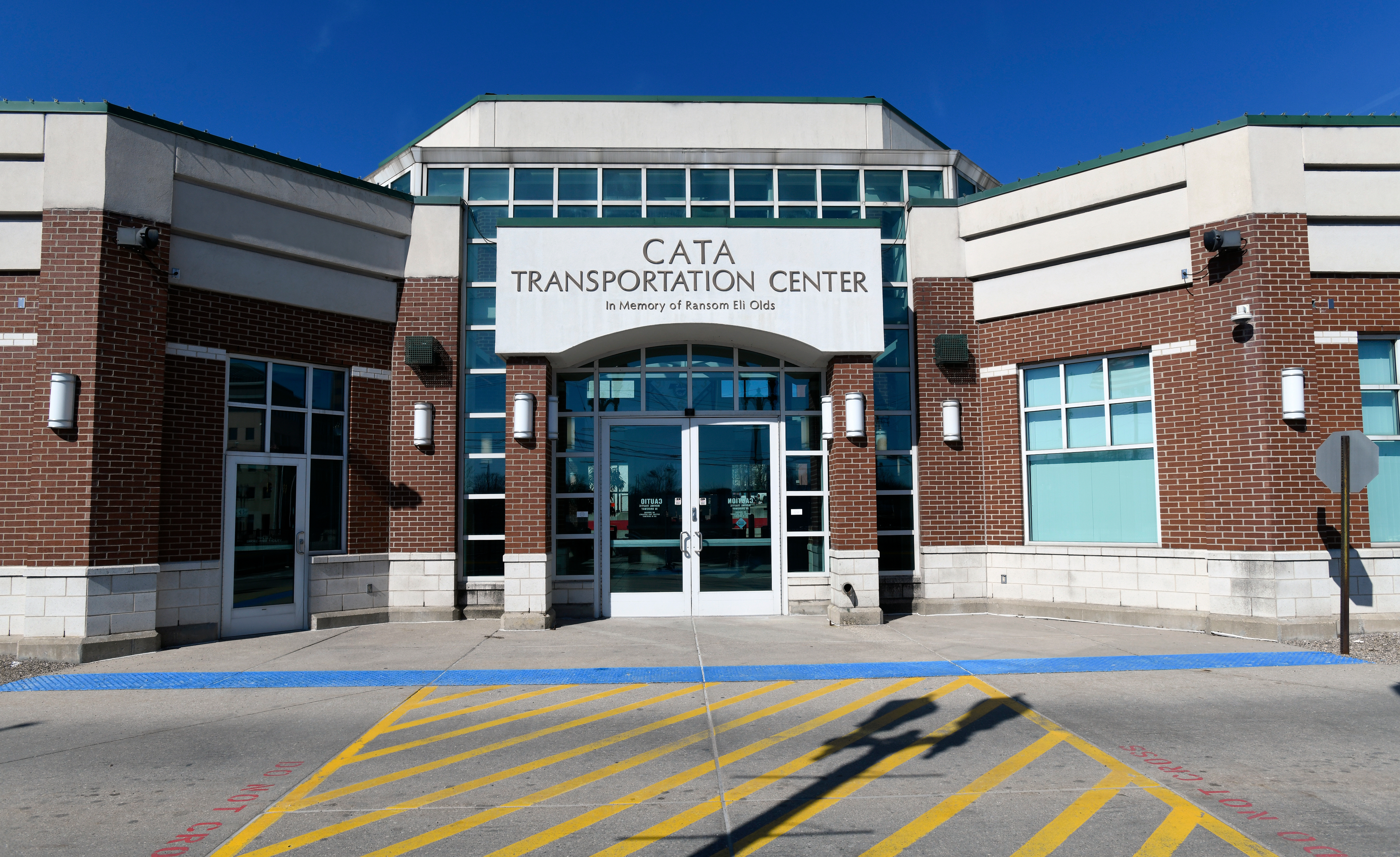 Exterior of CATA Transportation Center with colorful crosswalk in front