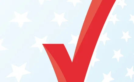 Blue background with white stars and a red checkmark